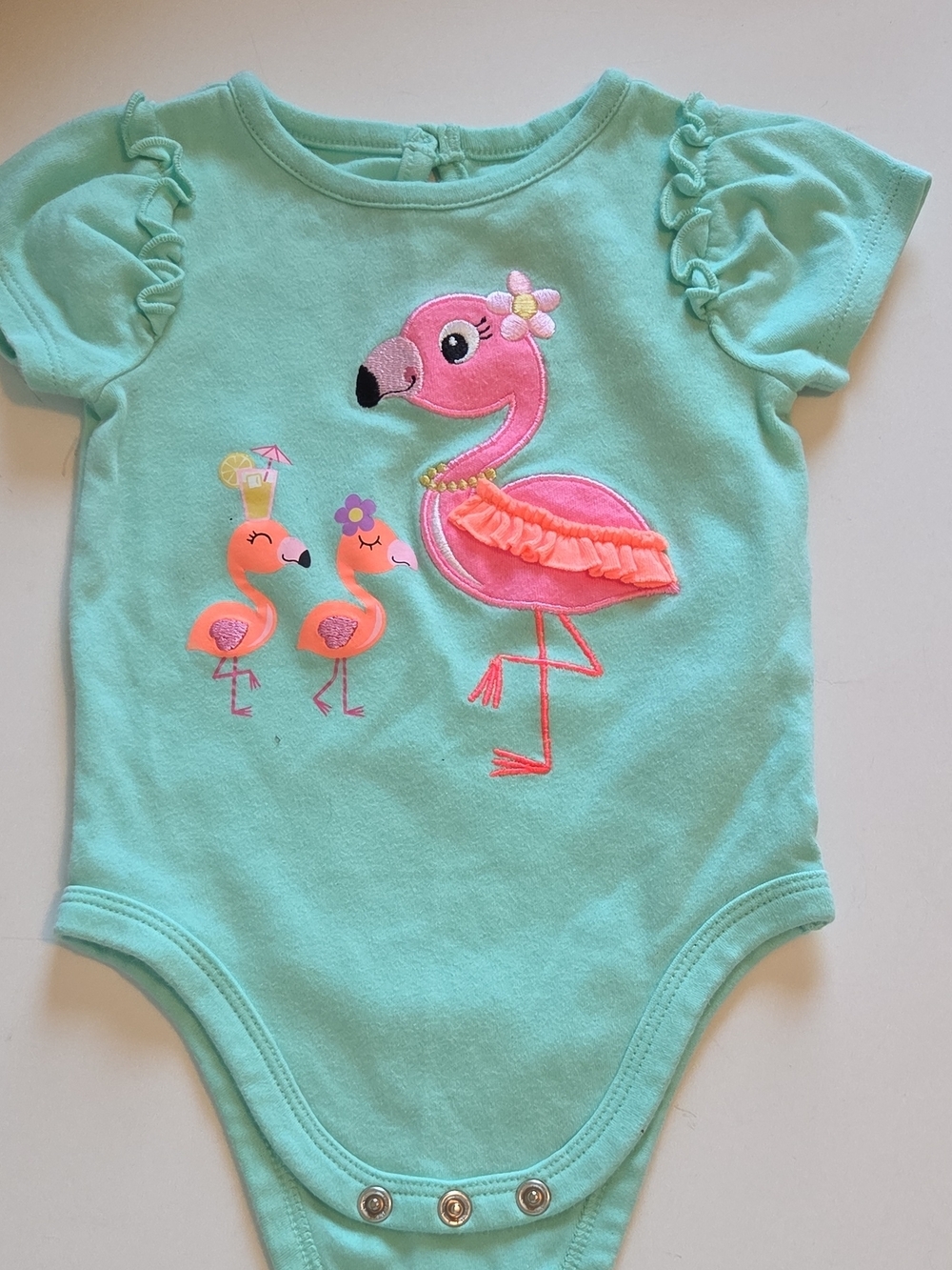 Girls' Aqua Flamingo Applique One-Piece Bodysuit